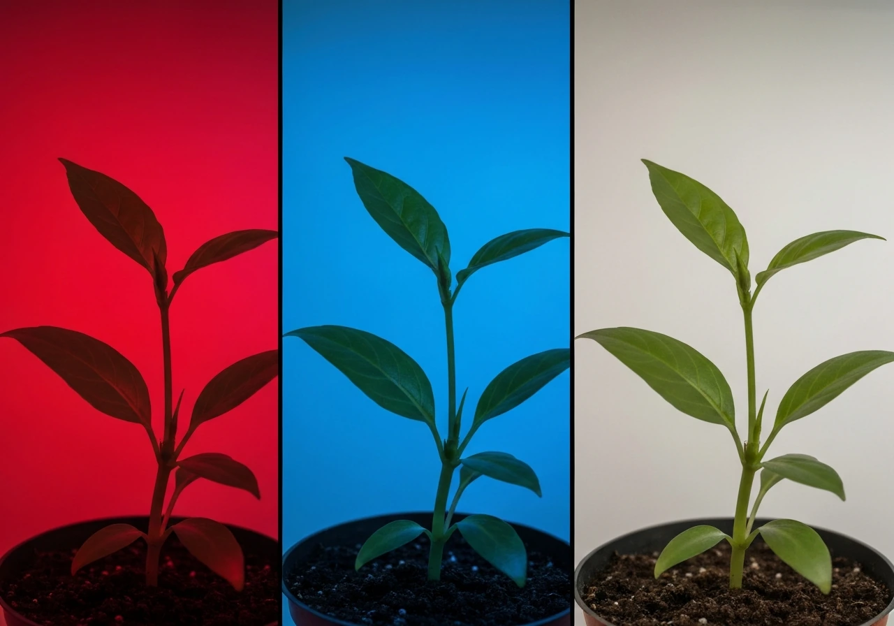 Close-up of plant leaves under red, blue, and full-spectrum light, showing different color illumination.