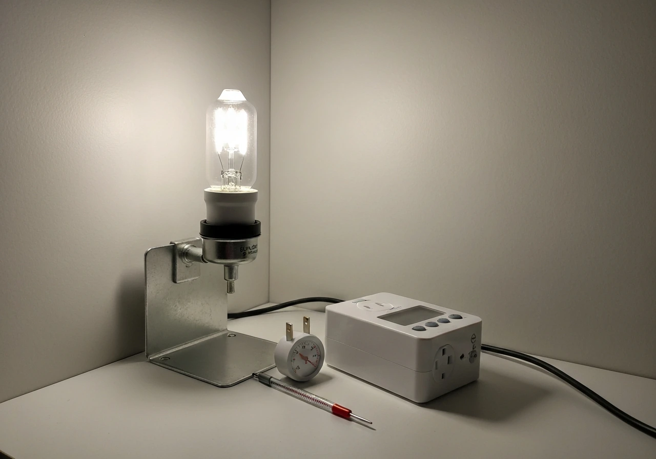 Daylight bulb in an E26/E27 socket on a reflector stand, with a nearby timer and humidity probe.