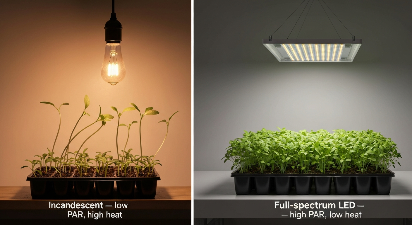 Split image comparing leggy seedlings under an incandescent bulb with healthy compact seedlings under a full-spectrum LED panel.