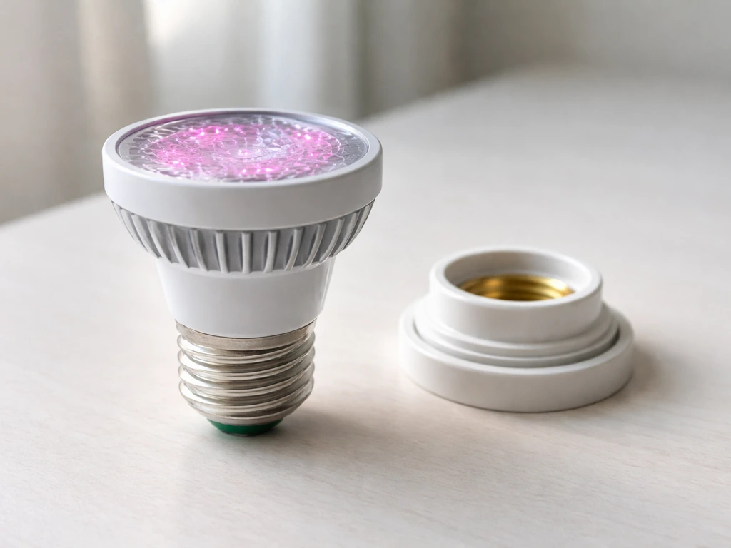 Close-up of an LED grow bulb with standard screw base next to an unlit lamp socket.
