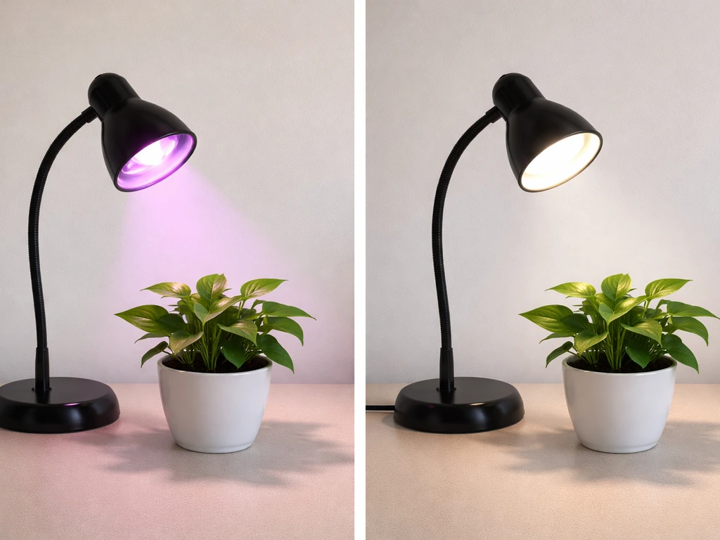 Two simple lamp setups side-by-side, one with a grow bulb and one with a regular bulb aimed at a small plant.