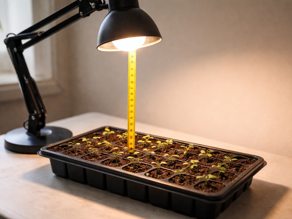 Overhead view of a grow bulb in a small desk lamp with a seedling tray below, showing measured distance.