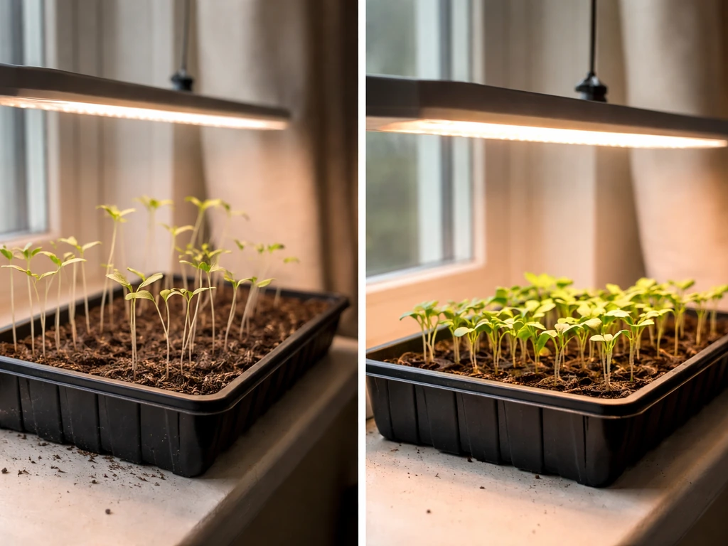 Leggy pale seedlings next to a tray under a grow light positioned closer, showing improved lighting.