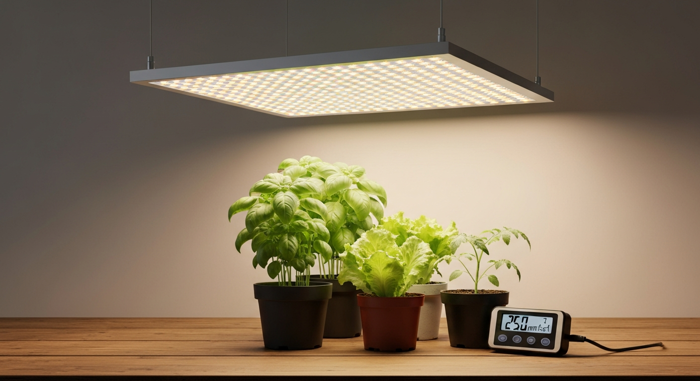 Full-spectrum LED grow panel lighting healthy seedlings with a PAR meter reading 250 µmol·m⁻²·s⁻¹.