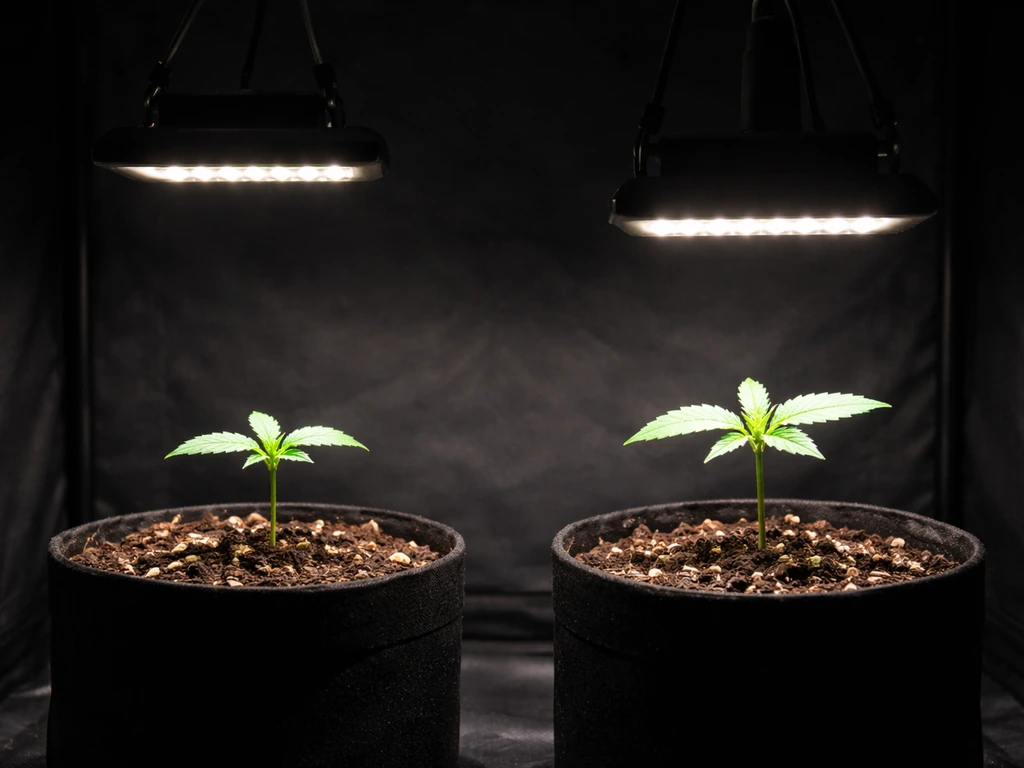 Two similar seedlings under grow lights at different hanging heights, showing brighter light on closer leaves