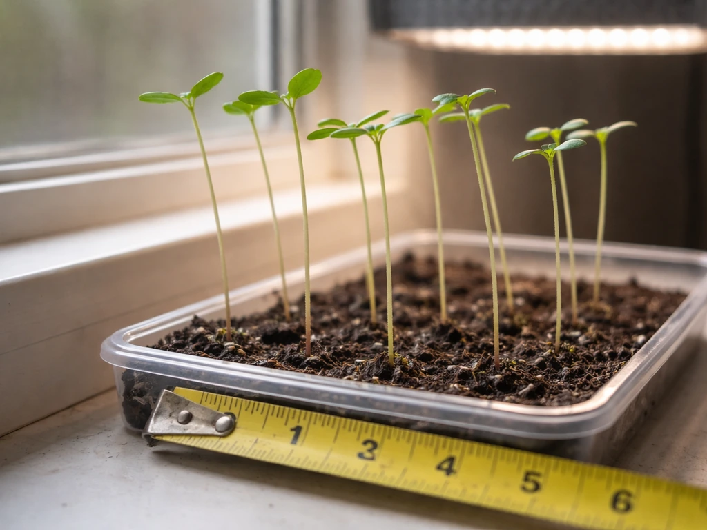 Leggy seedlings with wide gaps, lit poorly, beside a measuring tape near a grow light