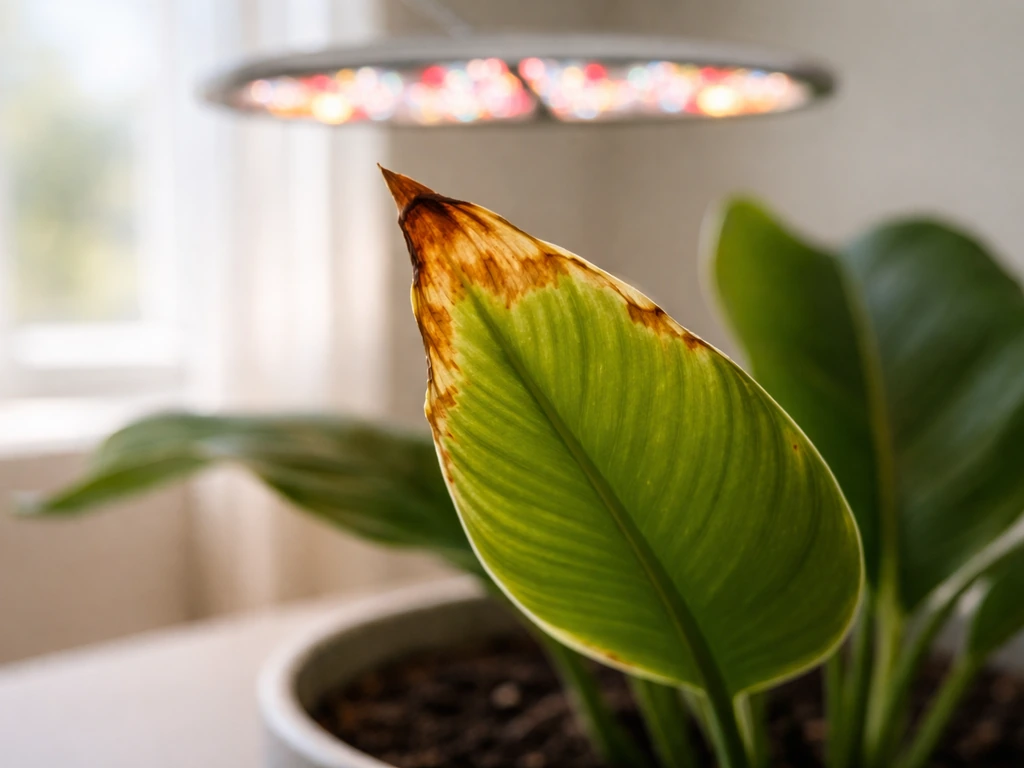 Close-up of plant leaf tips with light/heat damage; grow light raised above canopy in frame.