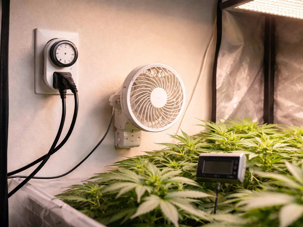 Grow-light setup with a wall timer, small airflow fan, and a thermometer placed near the plant canopy