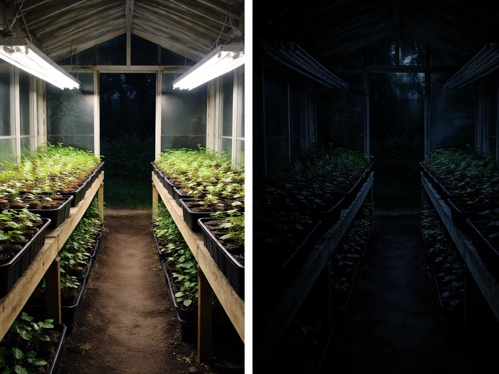 Split-scene showing greenhouse lights left on all night versus lights turned off on a dark night schedule.