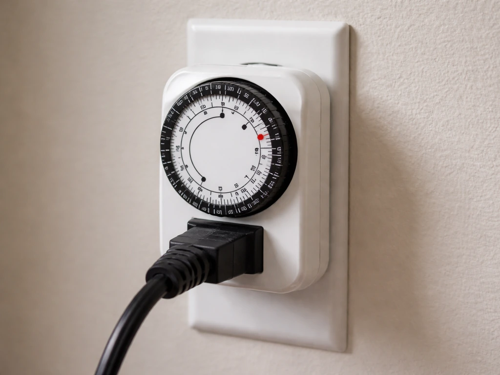 Grow light cord plugged into a physical outlet timer with the dial visible and set for a schedule.