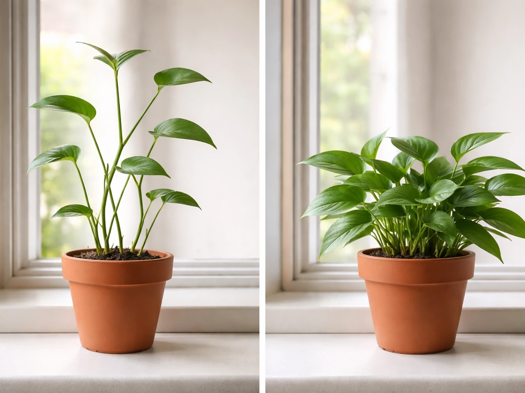 Two potted plants on a windowsill: one leggy from too little light, the other compact from better night lighting.