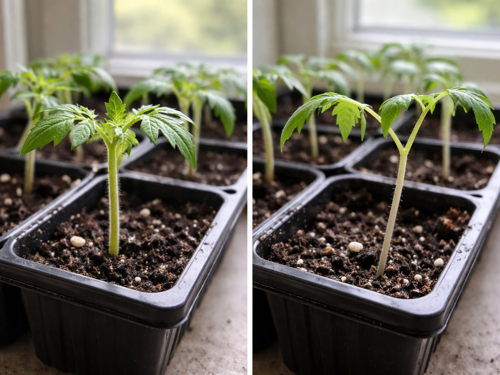 Close-up of two seedling trays: compact seedlings on one side, leggy stretched seedlings on the other.