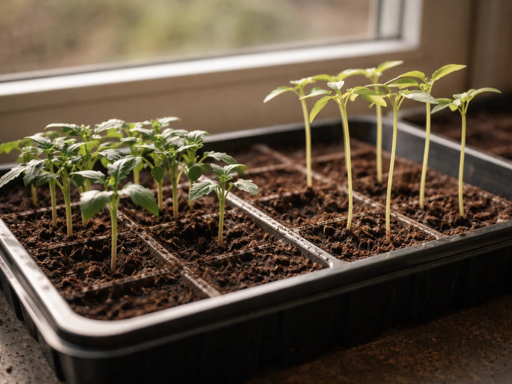 Seedlings on a windowsill: compact sun-loving plants beside taller, leggier seedlings.
