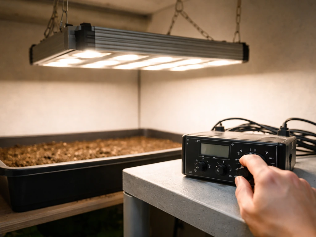 Grow light setup with a dimmer timer controller beside the fixture as the settings are being adjusted.