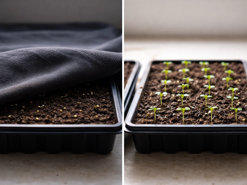 Two halves of a simple seed tray: dark-covered germination side and lit seedlings side by side.