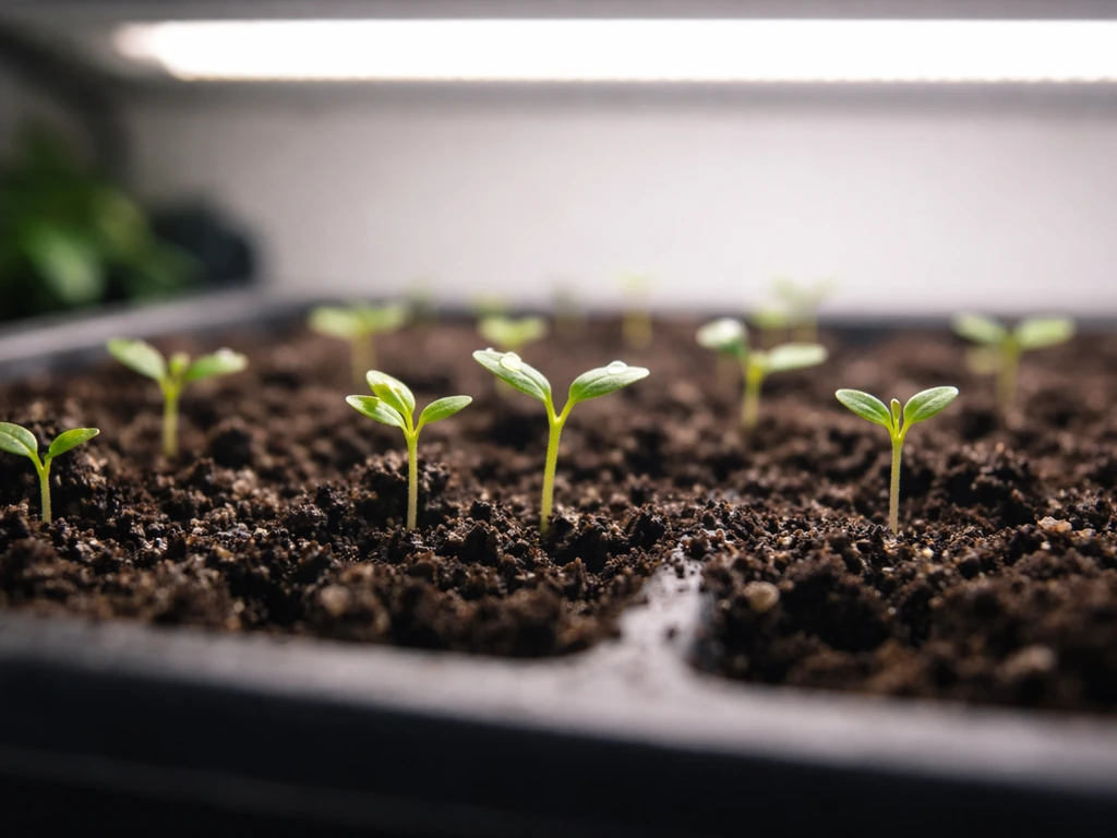 Close-up of newly sprouted seedlings reaching upward under bright supplemental grow light