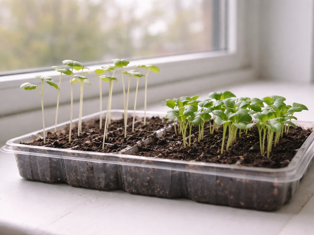 Leggy pale seedlings beside shorter sturdier ones in a tray on a sunny windowsill.