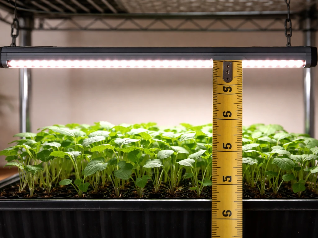 Ruler measuring 4–6 inches from an LED grow light bar to a seedling canopy