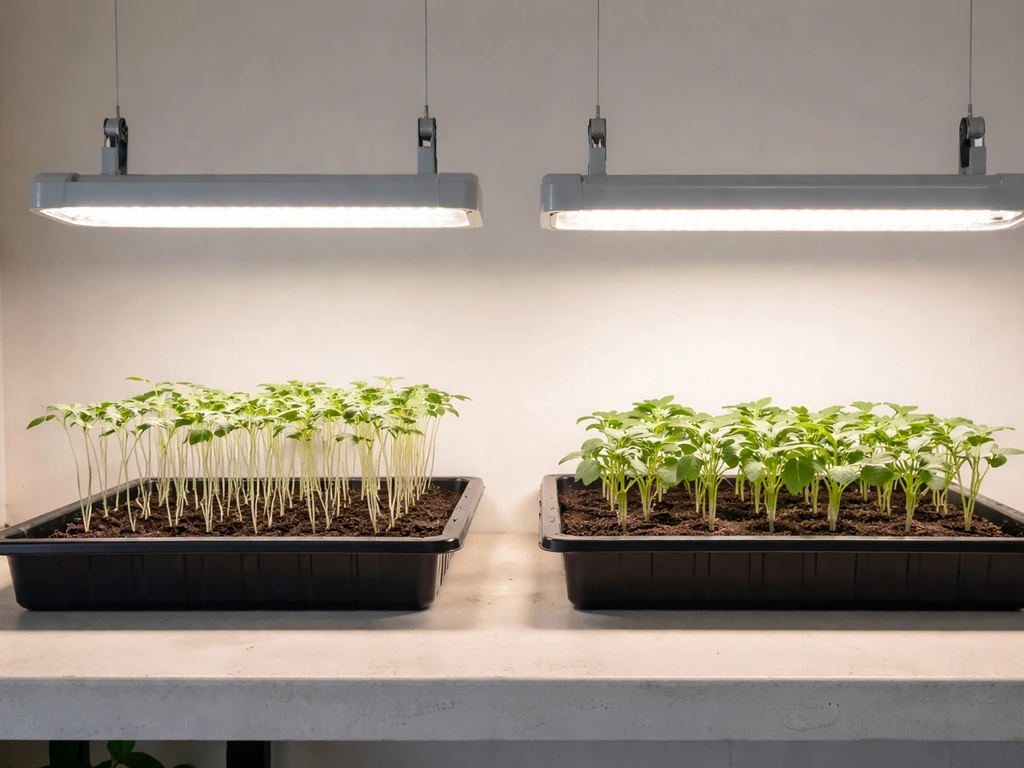 Close-up of leggy seedlings beside a grow light mounted too high and another correctly positioned grow light.