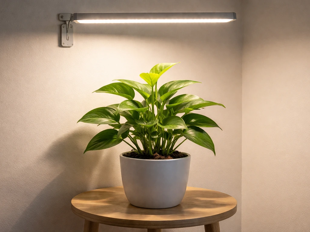 A grow light shining on an indoor plant with healthy leaves, showing active plant growth response.