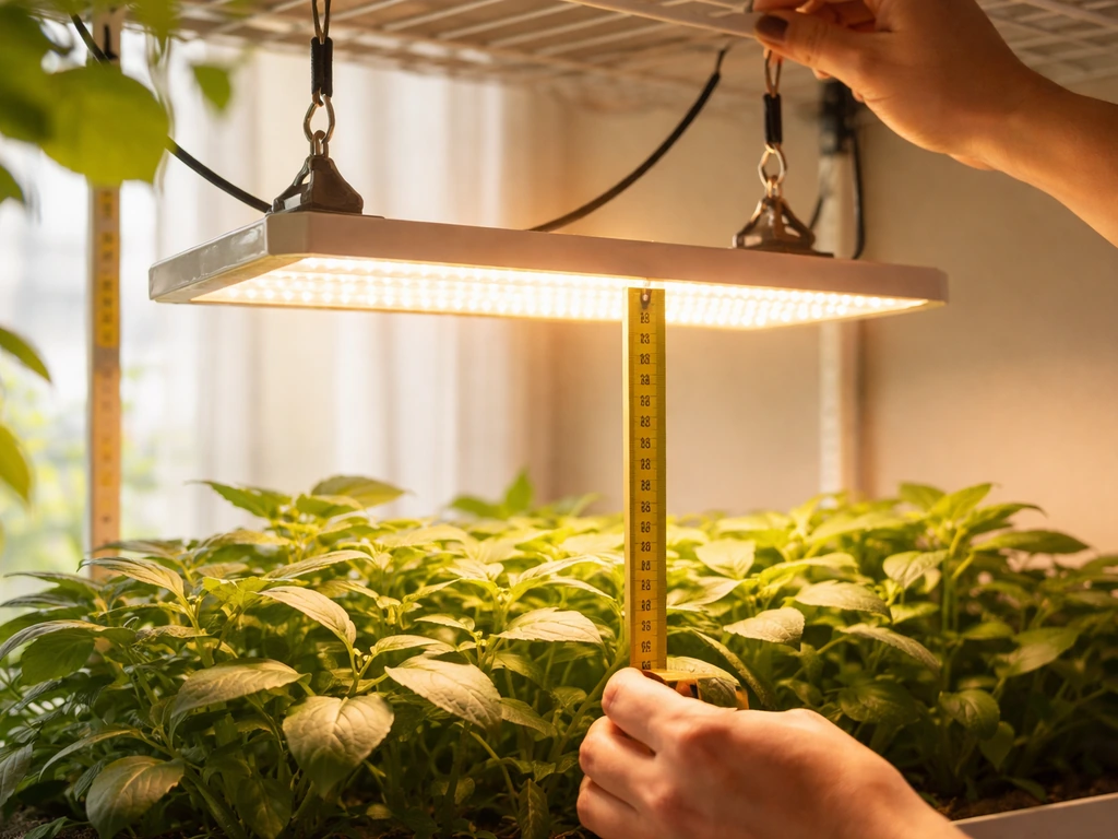 Person measuring distance from a grow light to plant canopy with a tape measure in a small indoor grow.