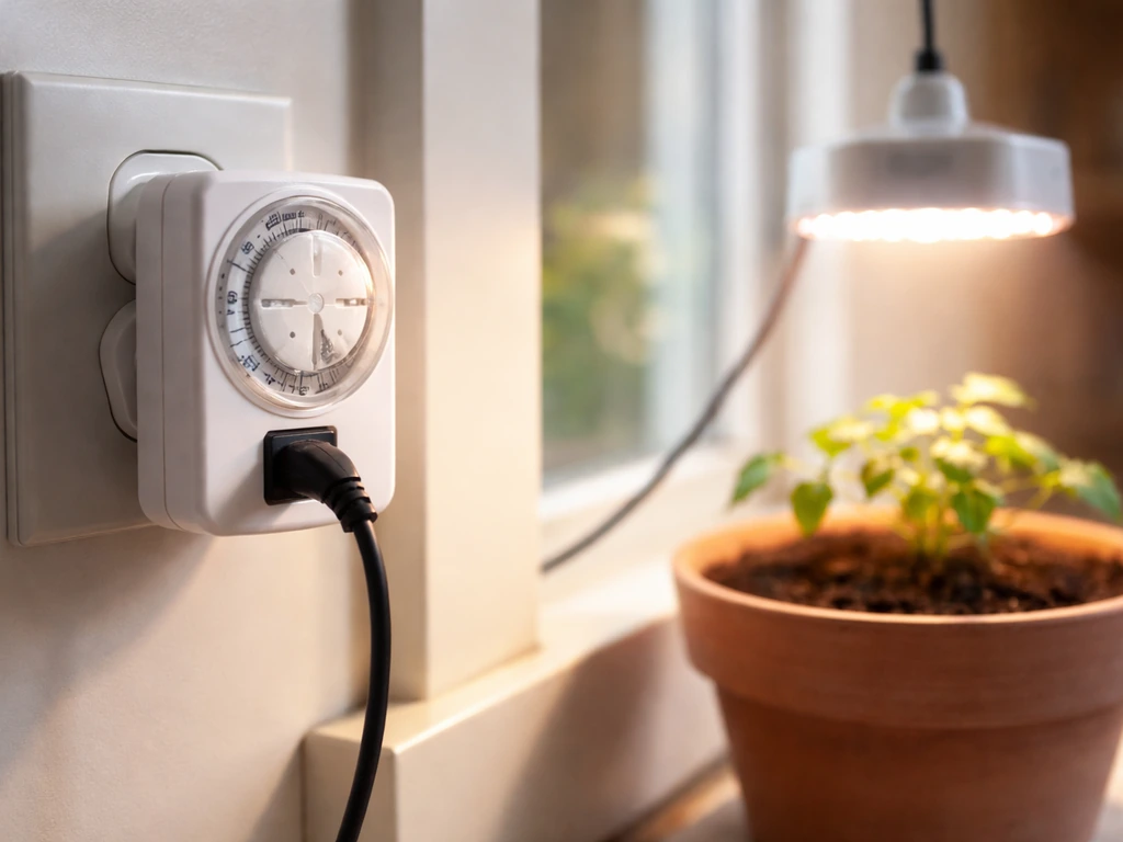 A grow light timer plugged in controlling a plant grow light on a windowsill