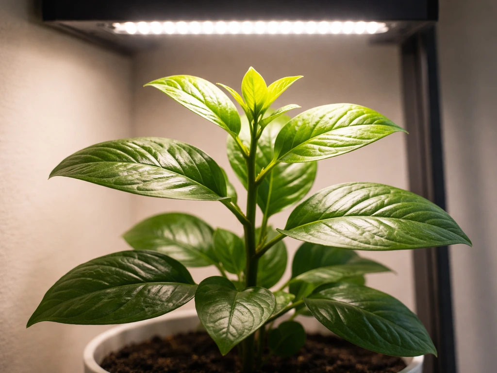 Healthy indoor plant leaves showing new growth under a grow light, minimal diagnostics-style view.