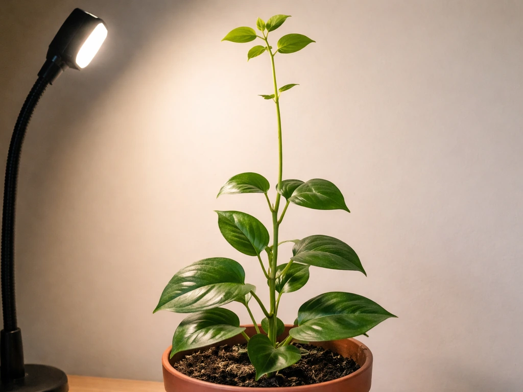 Etiolated potted plant with pale, stretched new growth under a grow light.