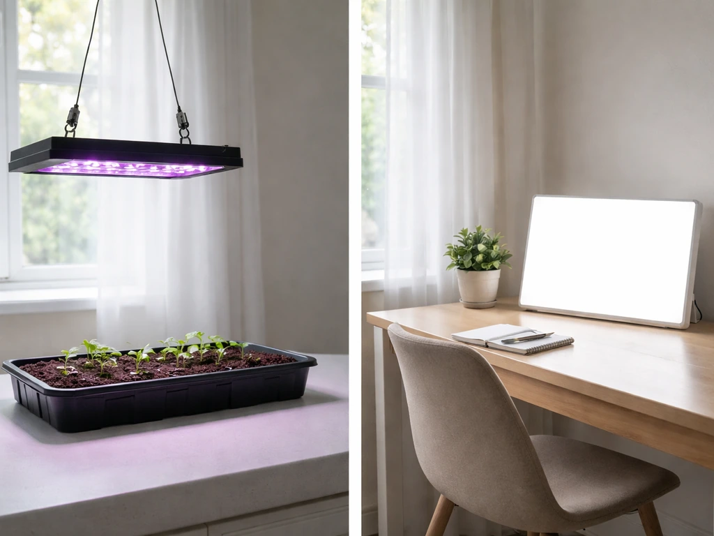 Side-by-side grow light over seedlings and a flat SAD lightbox on a desk near a chair.