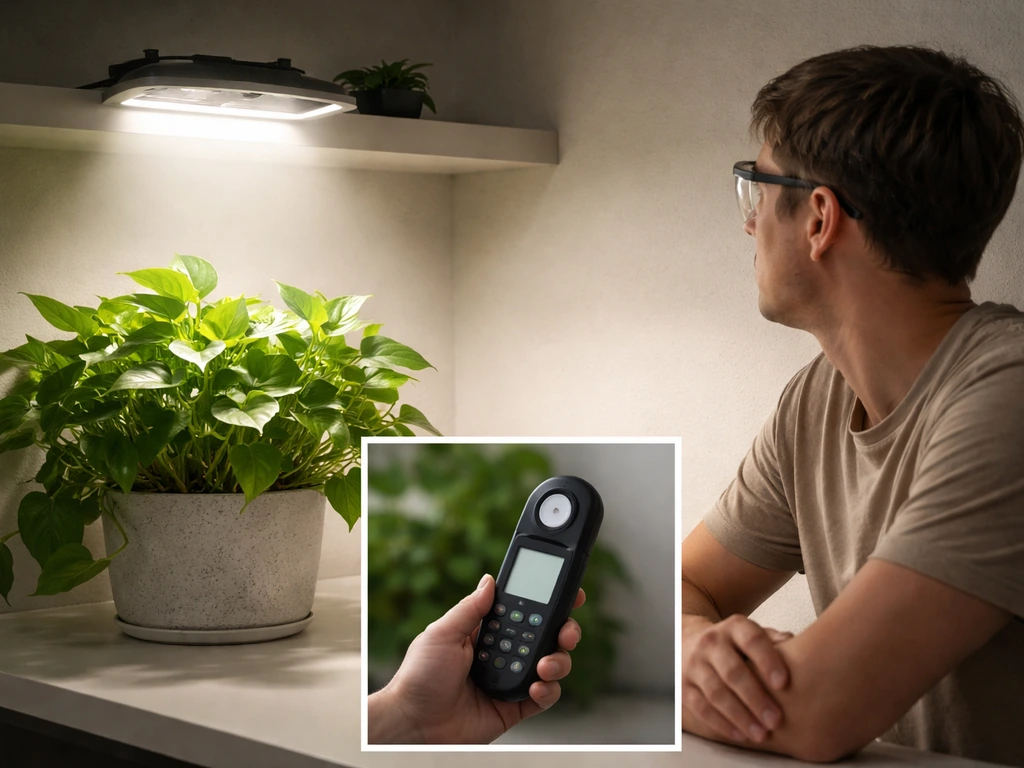LED grow light aimed down with safety glasses and a nearby handheld light meter for intensity checking