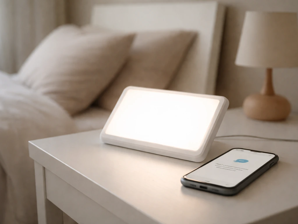 A SAD lightbox on a bedside table beside a smartphone suggesting to talk to a clinician.