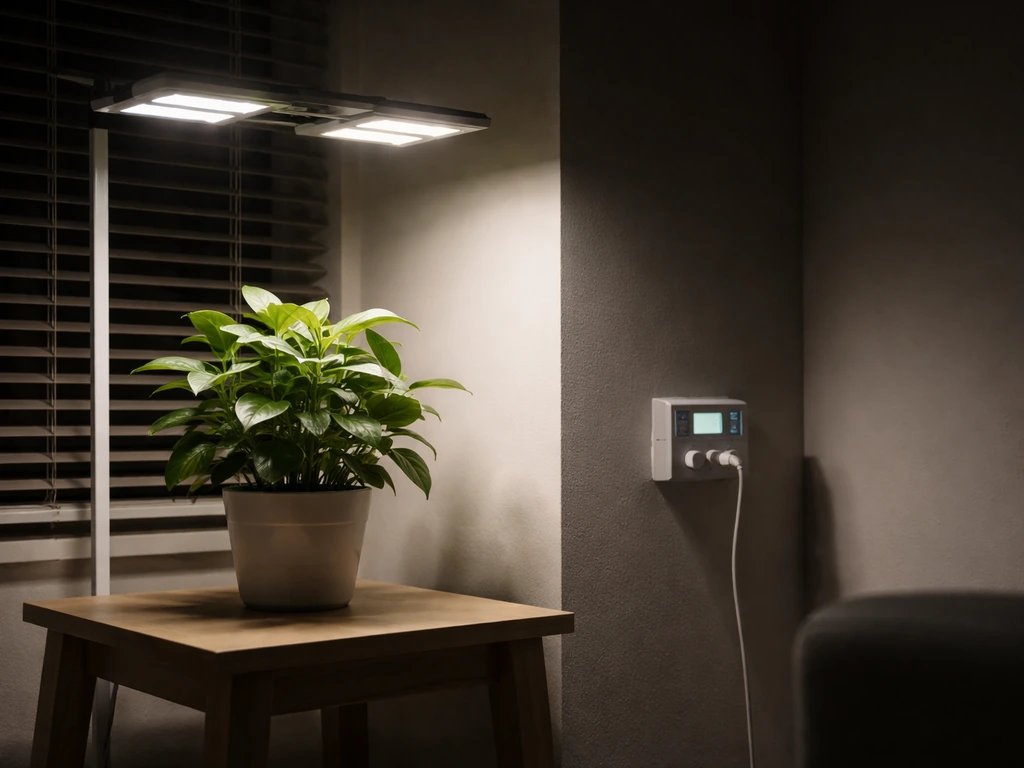 Nighttime indoor grow with LED lights on over a plant and a small timer device showing scheduling.