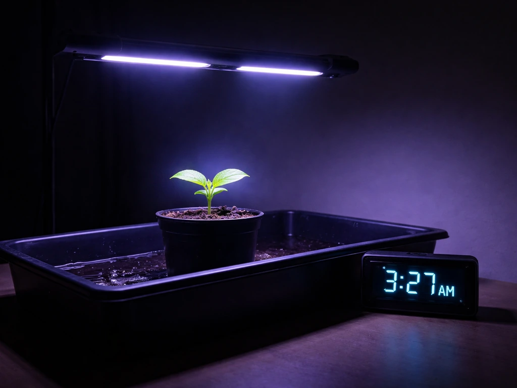 Leafy seedling under grow lights in a dark room with a digital timer glowing near it.