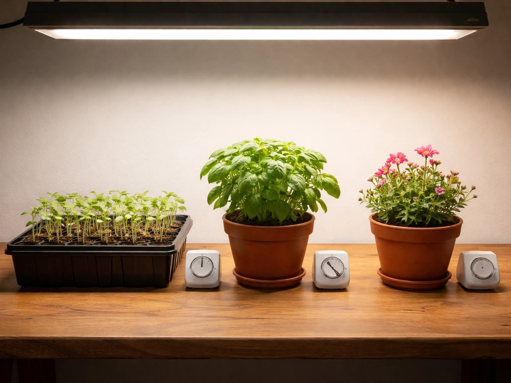 Minimal indoor grow photo showing seedlings, a herb, and a flowering plant under different lighting emphasis.