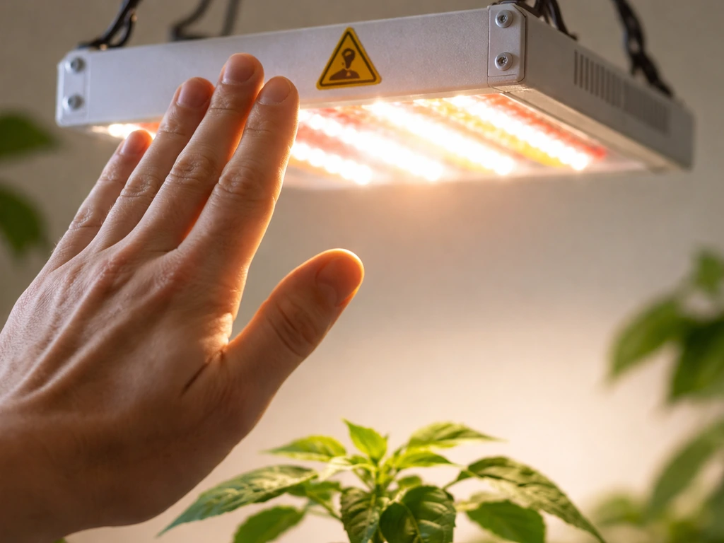 Hand in front of an LED grow light, showing safe distance and avoiding direct staring.