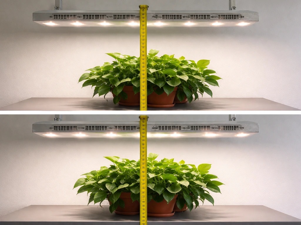 Indoor grow light test showing a plant canopy with measuring tape at two light heights (too far vs correct).
