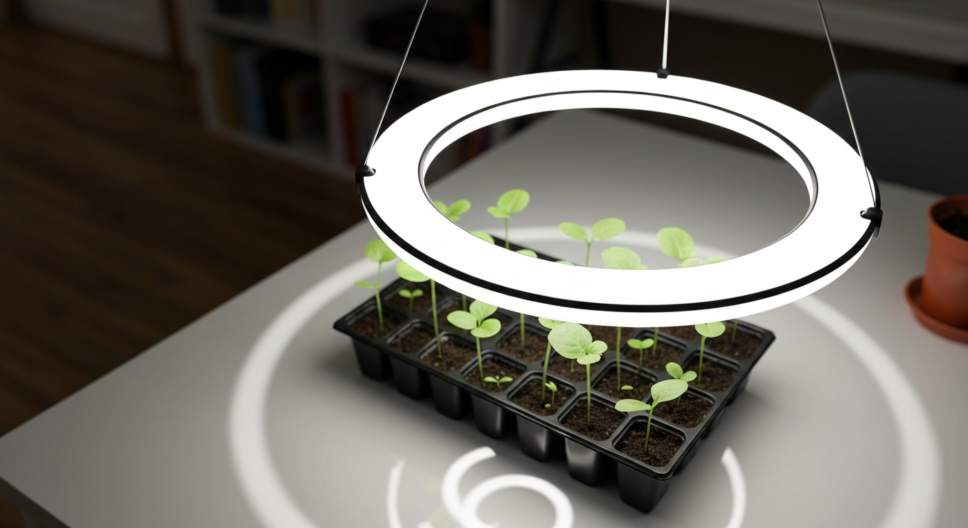 Ring light suspended over a tray of seedlings on a home desk, illuminating young plants.