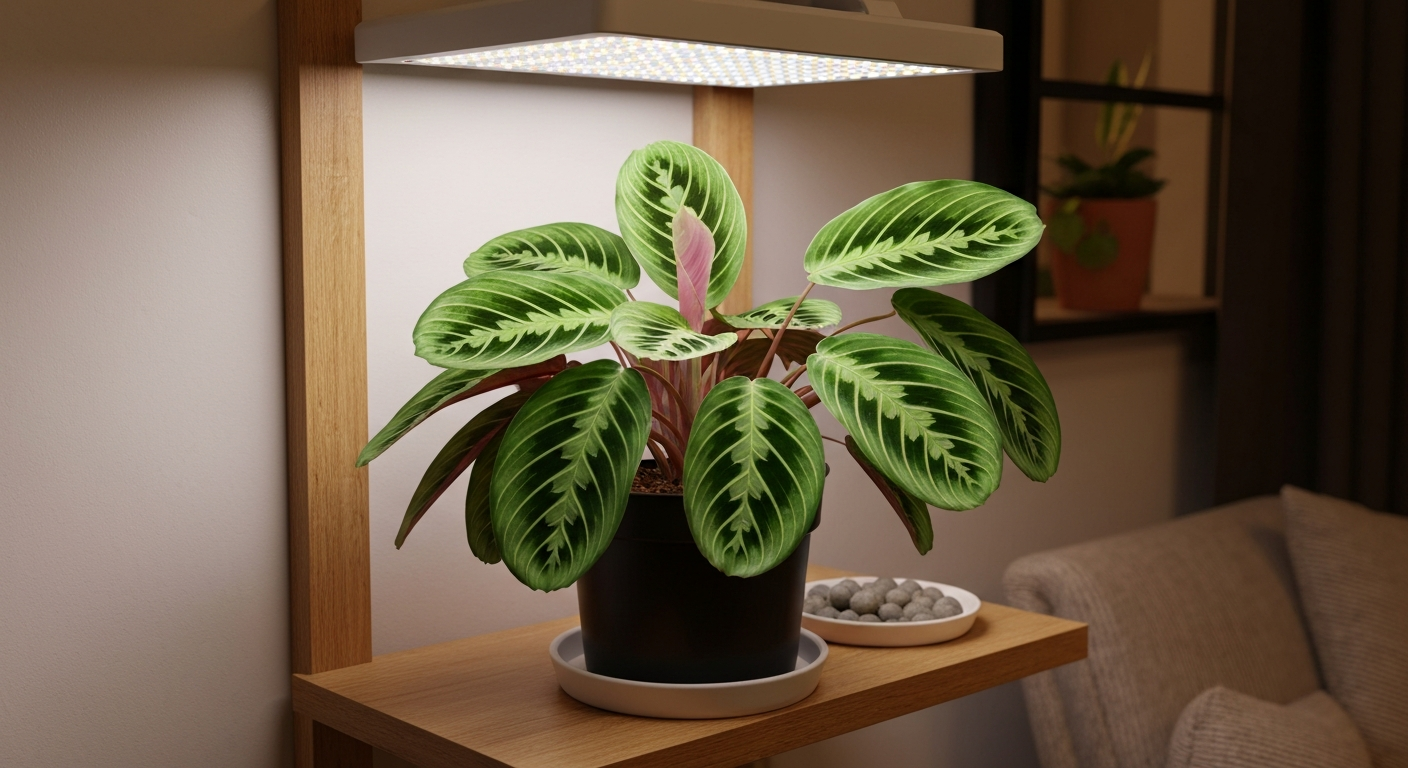 Healthy prayer plant (Maranta) on a shelf under a full-spectrum LED grow light, showing patterned leaves and even lighting.