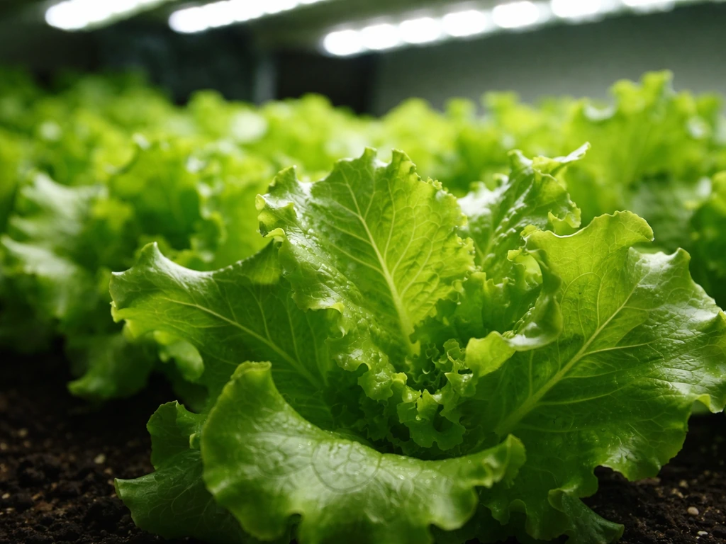 Close-up of lettuce leaves thriving under an indoor grow light with soft natural highlights.
