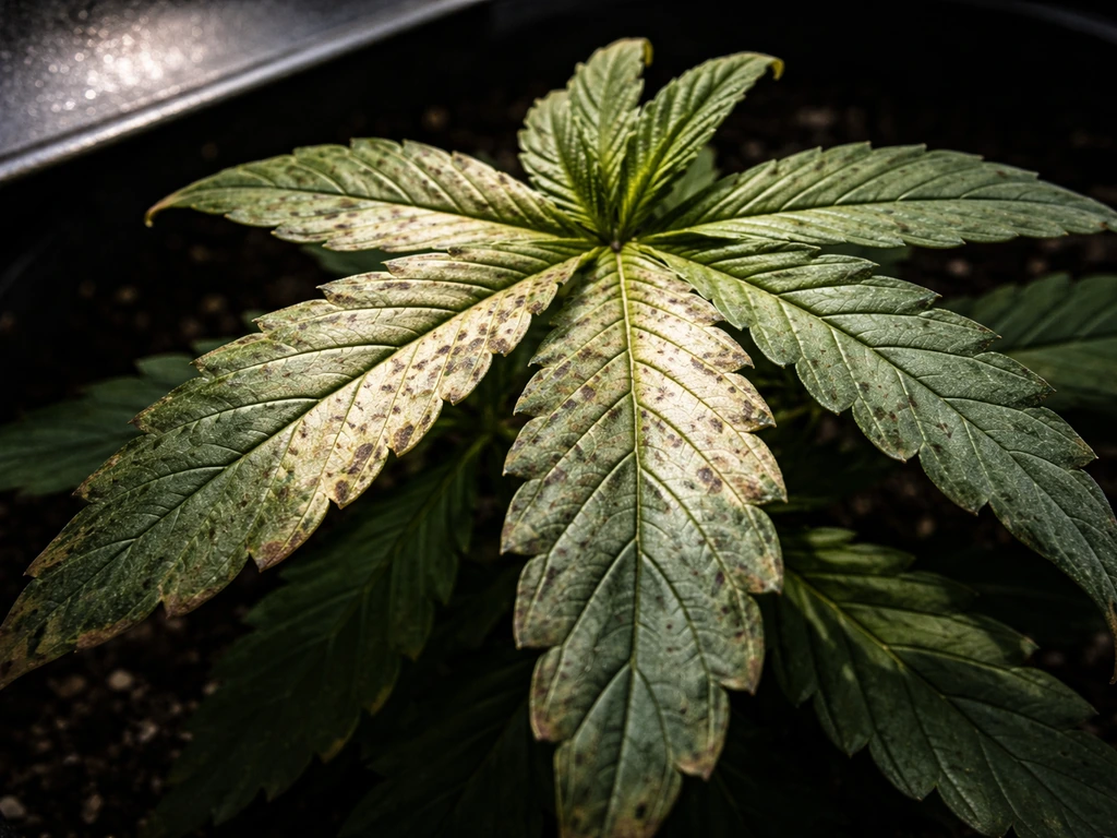 Close-up of a plant leaf canopy showing bleached and dark spot light-stress patches under a grow light.
