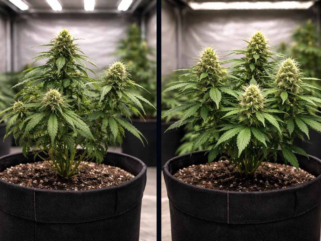 Two adjacent potted plants—left stunted buds, right healthy blooming—showing photoperiod flowering disruption.