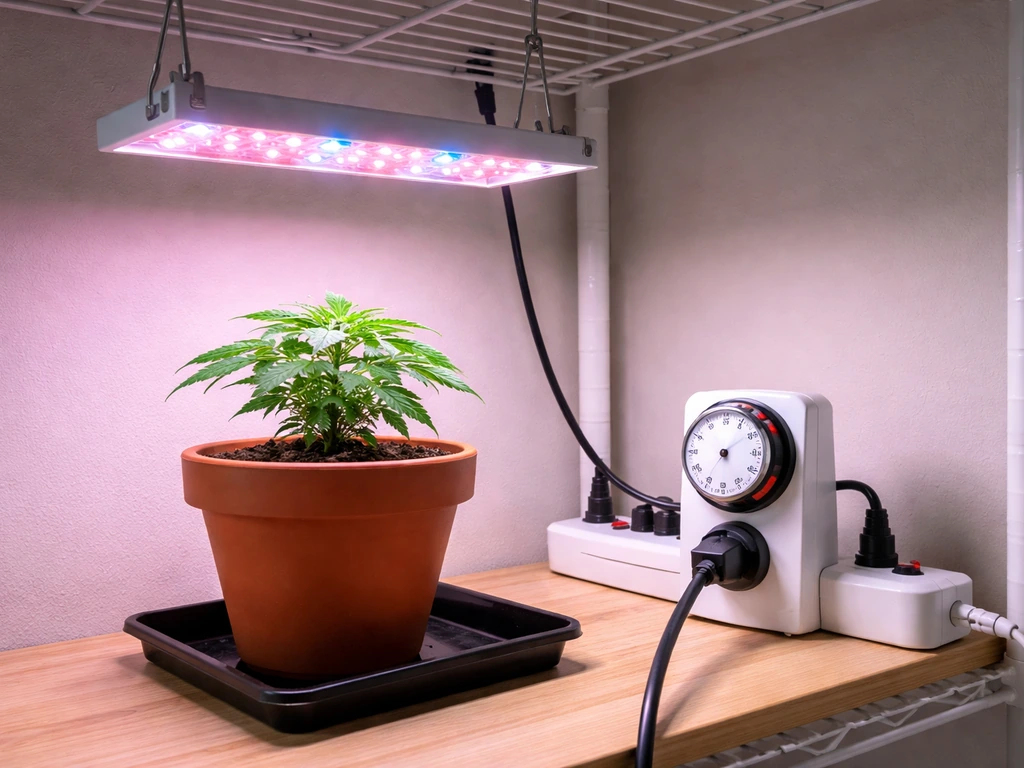 LED grow light turned on, plugged into a visible physical timer/controller in a minimal indoor setup.