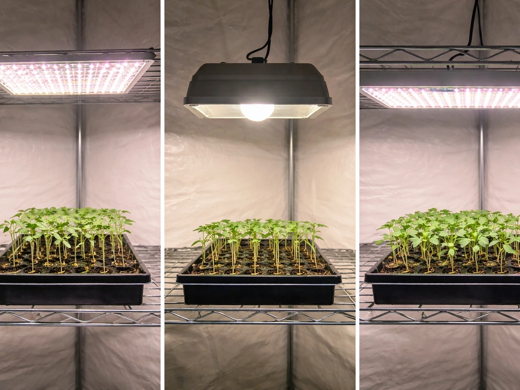 Three closeups showing seedlings under LED vs HID at different distances, with compact growth after lowering LED.