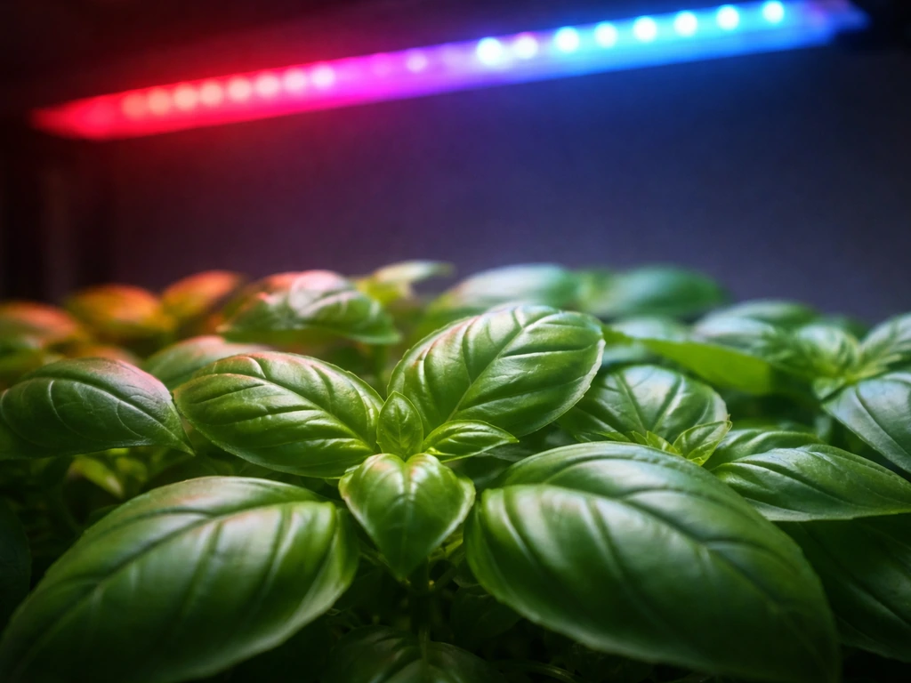 Close-up basil leaves lit by soft red and blue grow-light bands in a simple indoor setup.