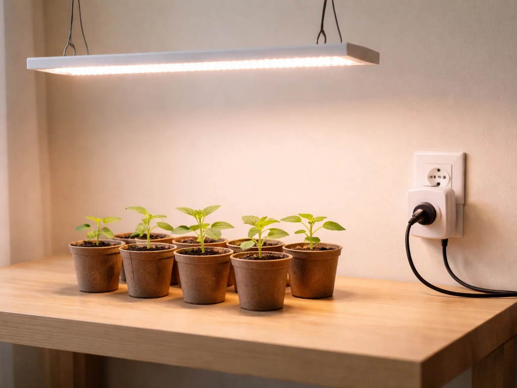 LED grow light over potted seedlings with a smart plug timer on the floor nearby