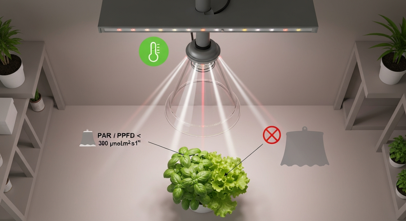 Top-down photorealistic view of an LED grow light with a clear glass shade over a tray of plants; light beams and icons show PAR and safe temperature; an opaque shade silhouette with a red X appears to the side.