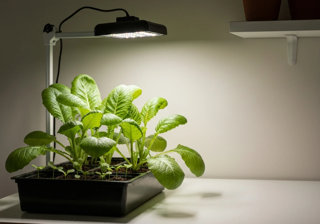 Leafy seedlings under a bright adjustable LED grow light on a clean indoor tabletop.