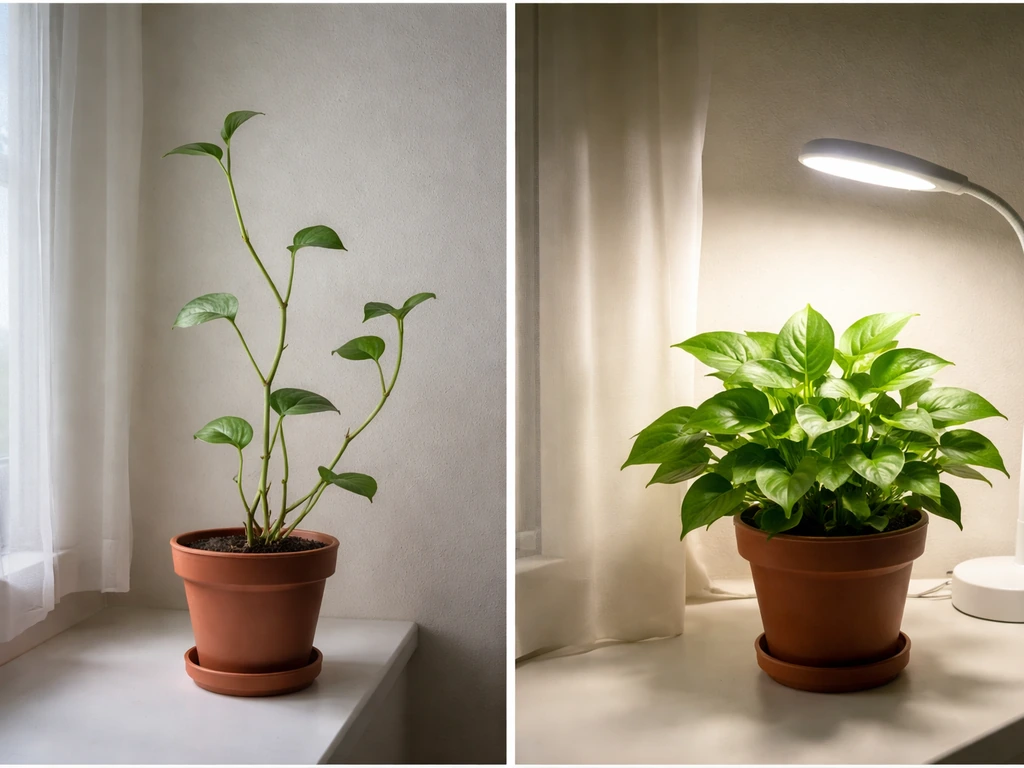 Two side-by-side potted plants: leggy, spaced leaves under low light vs compact growth under a grow light.