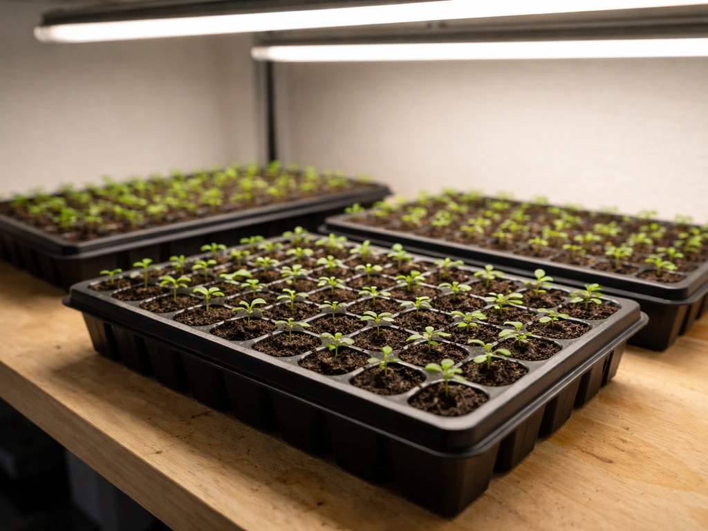 Evenly lit seedling tray with small green sprouts under grow lights on a simple bench.