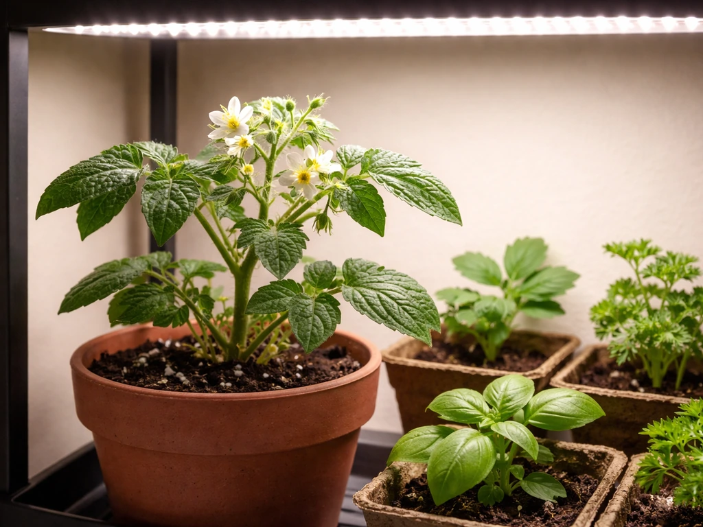 Indoor flowering plant with buds under active grow lights on a simple shelf